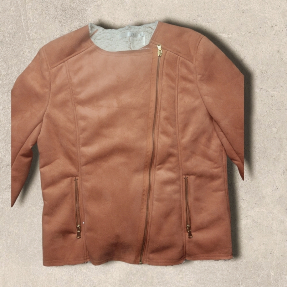 HAVE coral moto jacket faux suede sherpa lined raw hem women's Large - Picture 2 of 8